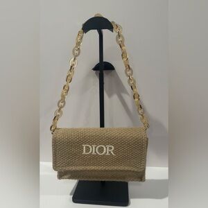 NEW Dior Raffia Clutch Crossbody Bag With Chain Tan Beige